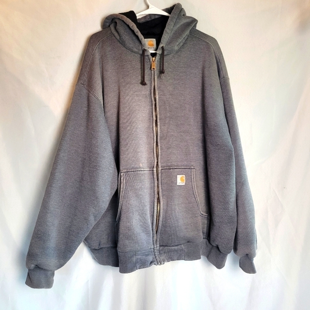 Carhartt Men's Heavy Duty Distressed Gray Full Zip Hooded Sweatshirt (READ)